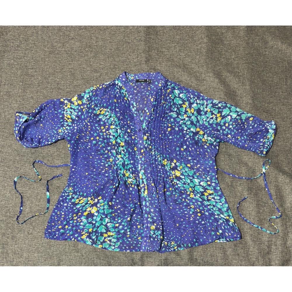 Apt 9 Women's 1X Blouse Purple Floral Pleated Button Up Short Sleeve